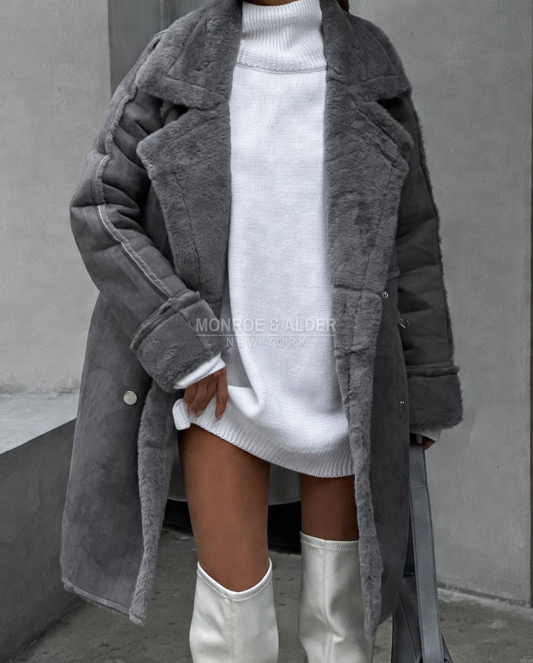 Lenora coat in gray worn open over a white knit dress