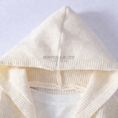 Close view of the ribbed knit hood on the Lowell cardigan