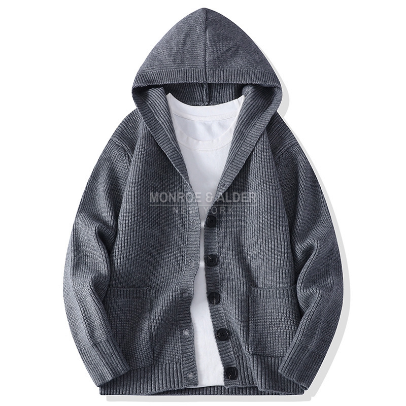 Lowell hooded cardigan in Charcoal, front view