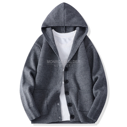 Lowell hooded cardigan in Charcoal, front view