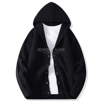 Lowell hooded cardigan in Black, front view
