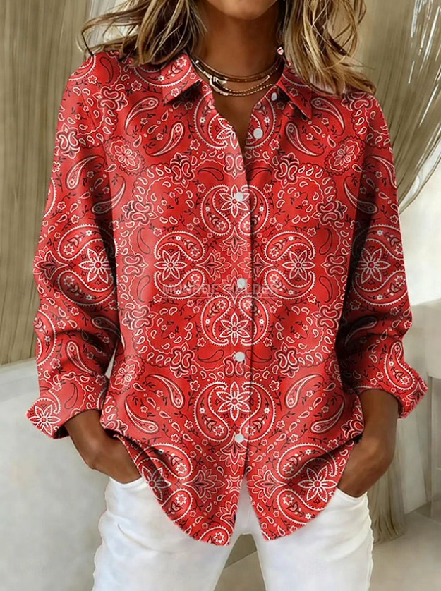Lucia red bandana print blouse, front view