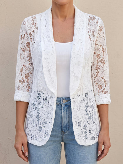 Lucy sheer lace blazer in white, open front with rolled cuffs and curved shirt-tail hem