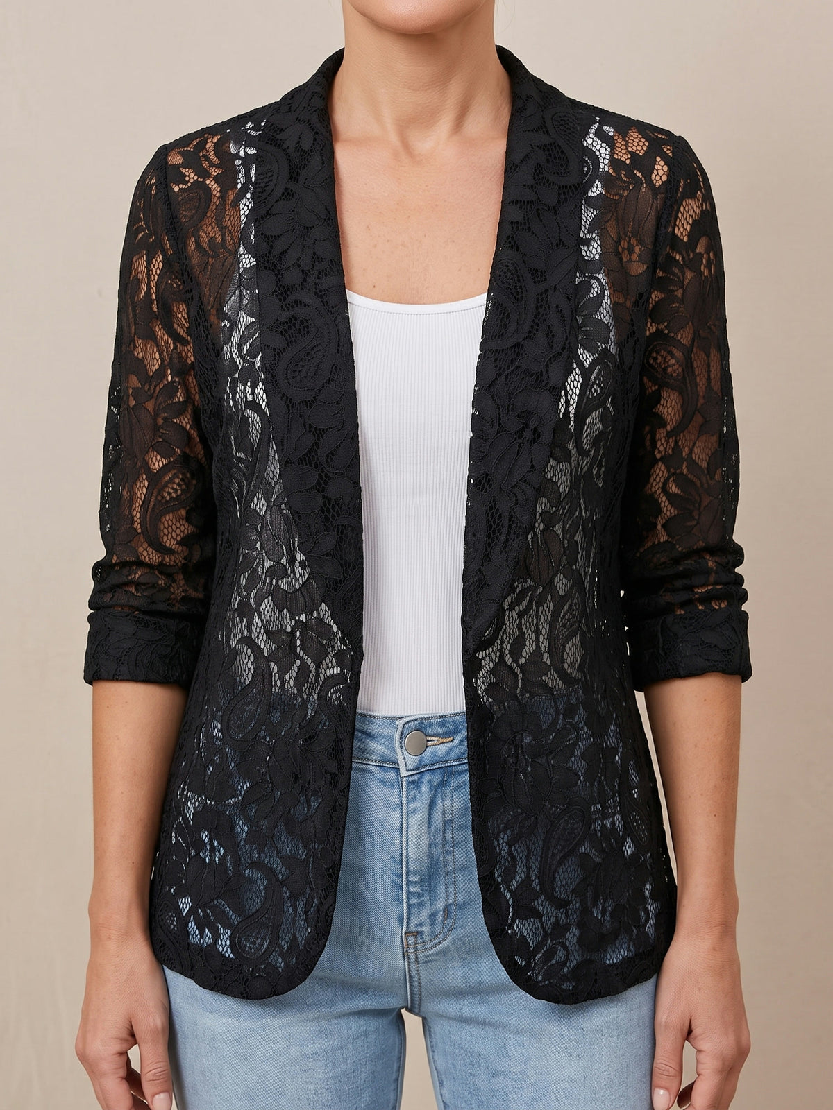 Lucy sheer lace blazer in black, open front with lapel collar and rolled cuffs