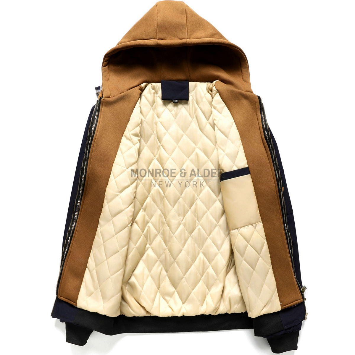 Madison bomber opened to show the quilted lining