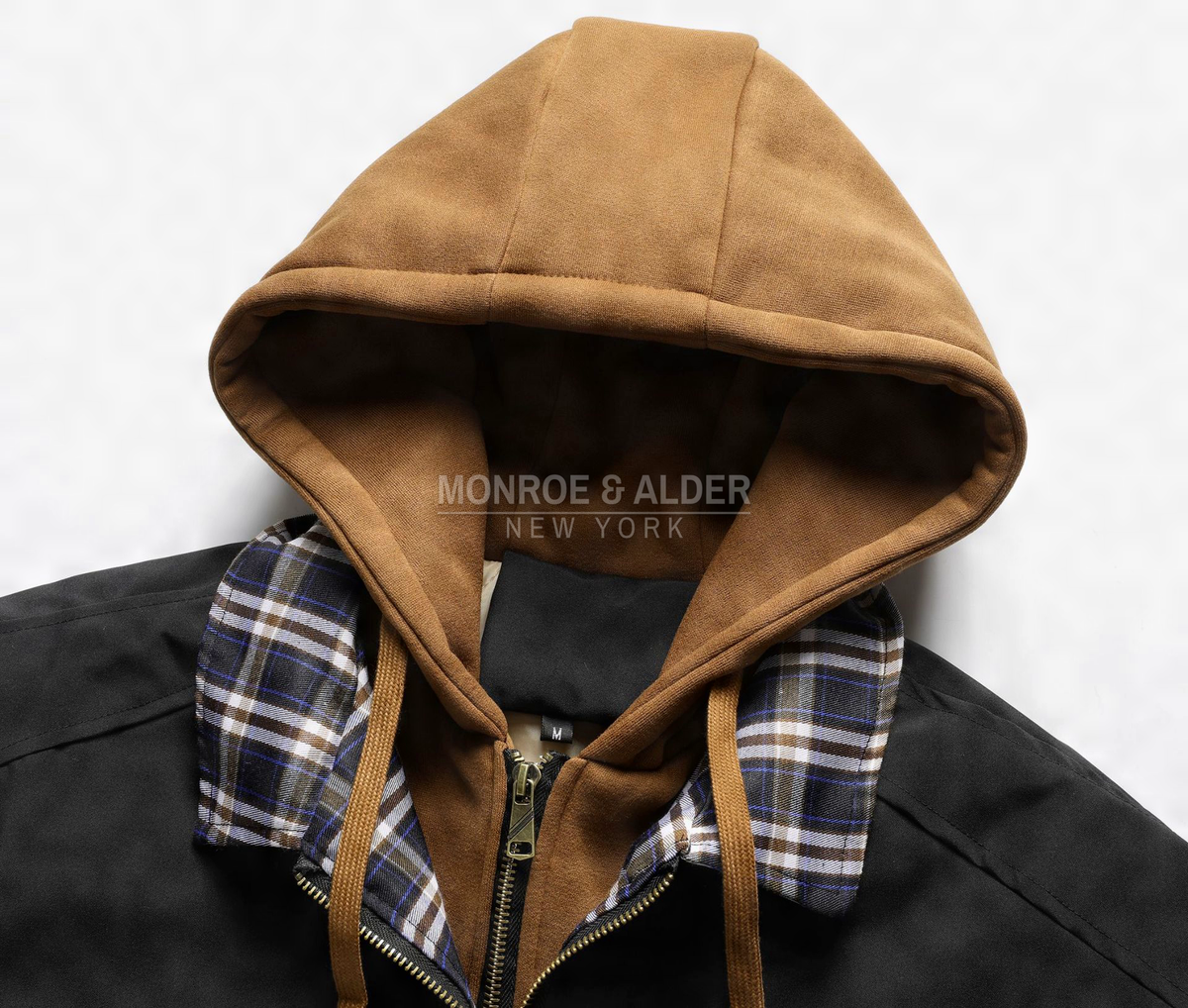 Close view of the attached hood and plaid collar