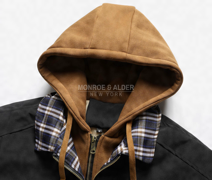 Close view of the attached hood and plaid collar