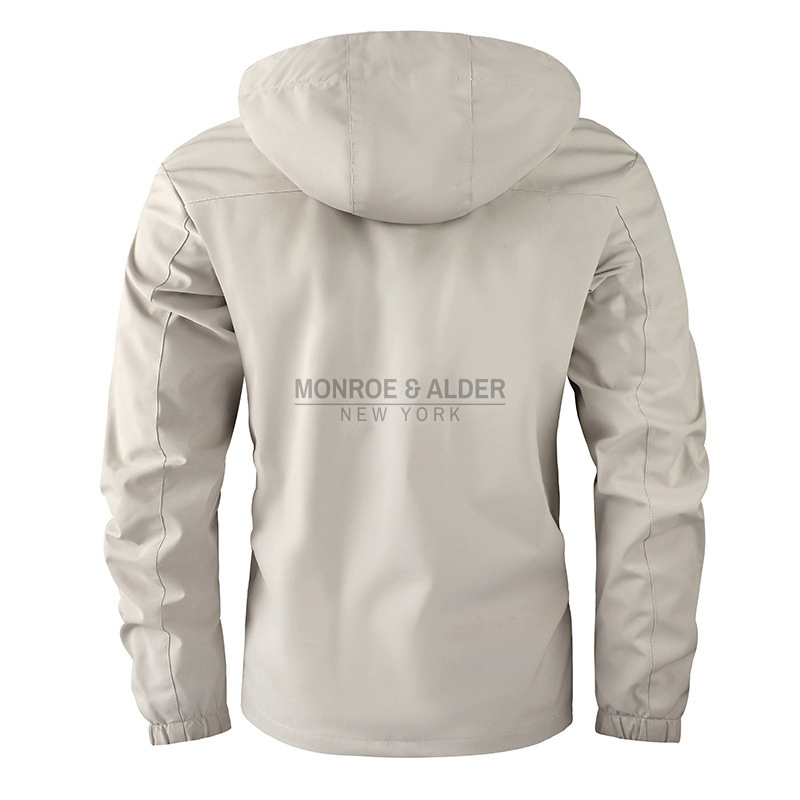 Back view of the Manhattan jacket with the hood up