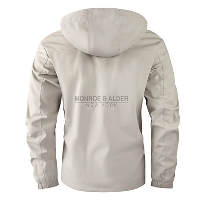 Back view of the Manhattan jacket with the hood up