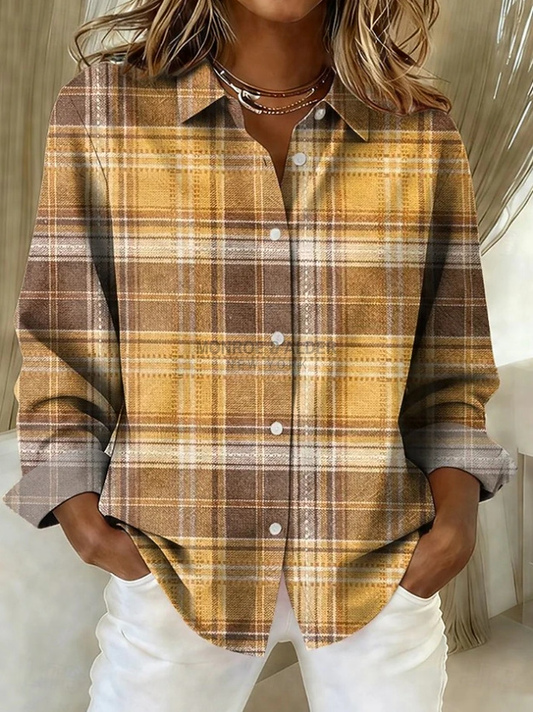 Maribel mustard and brown plaid blouse, front view