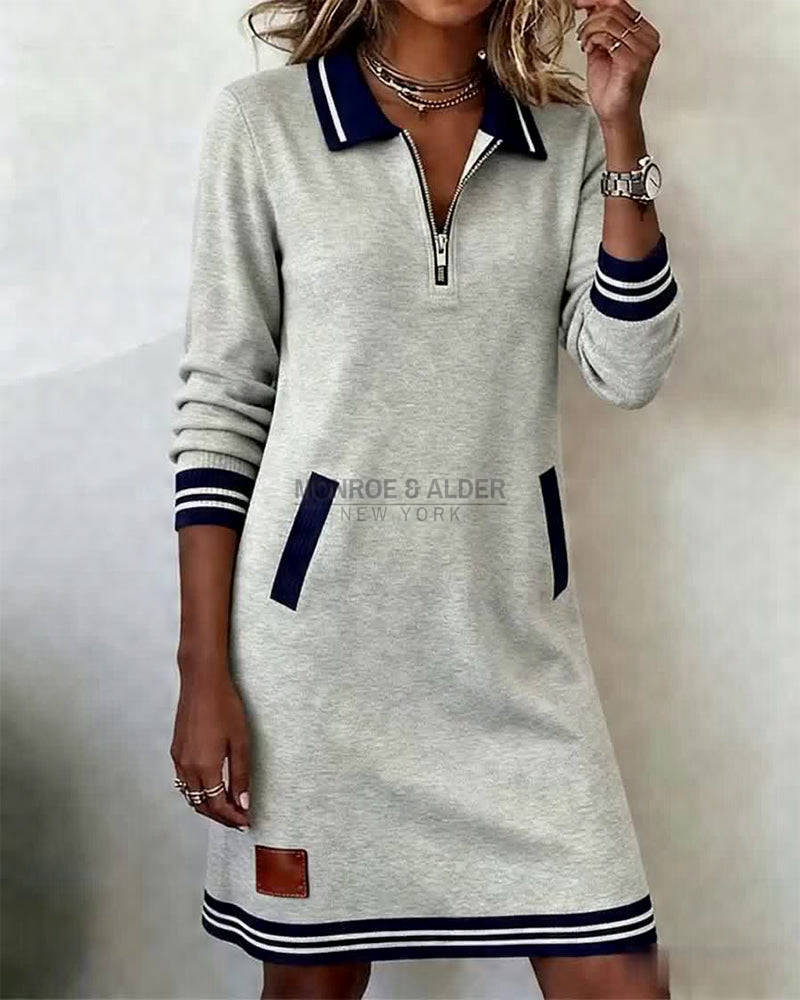 Marietta long sleeve zip dress in gray, front view