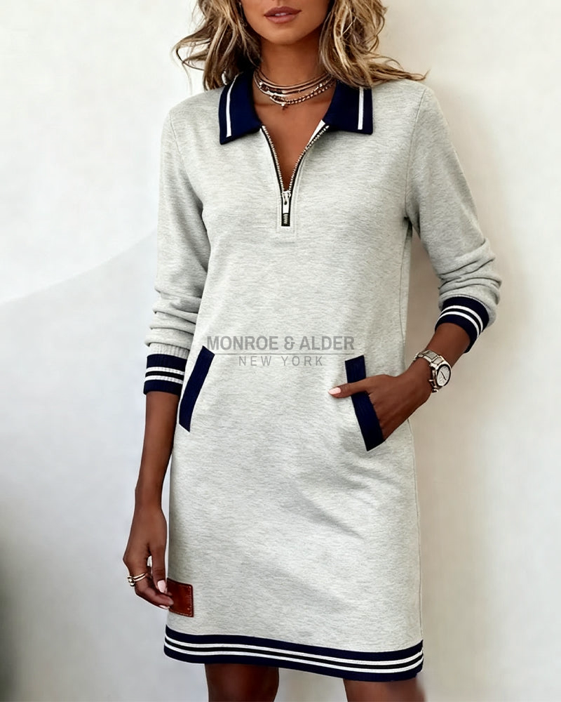 Marietta zip dress in gray, striped polo collar and cuffs