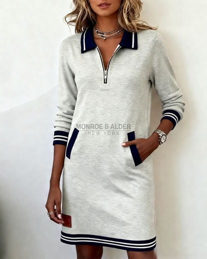 Marietta zip dress in gray, striped polo collar and cuffs