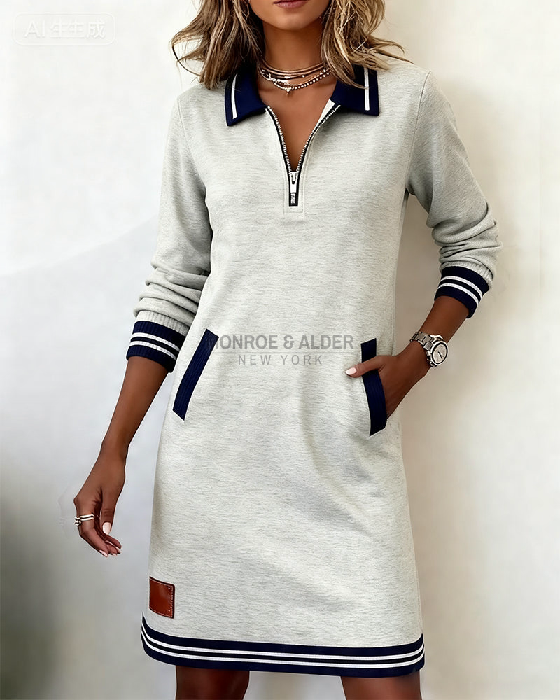 Marietta zip dress in gray, relaxed three-quarter view