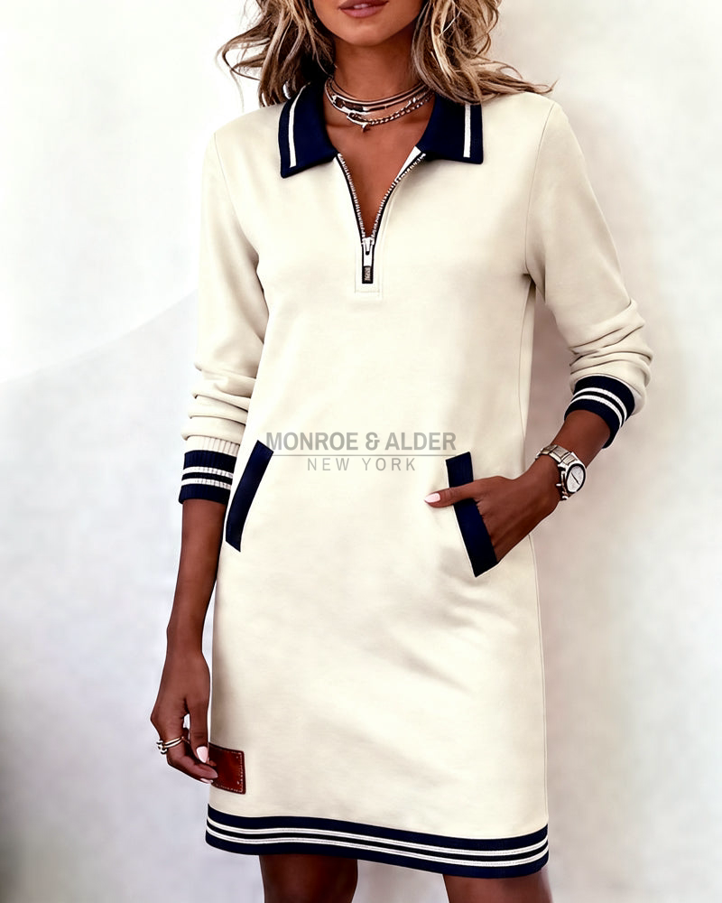 Marietta zip dress in ivory with hand in side pocket