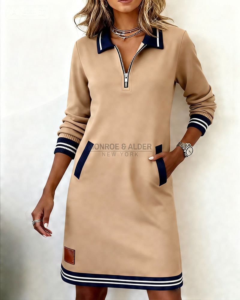 Marietta zip dress in tan with hand in side pocket
