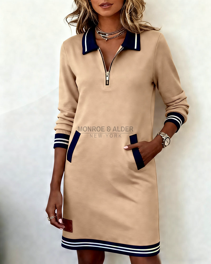 Marietta zip dress in tan with navy polo collar