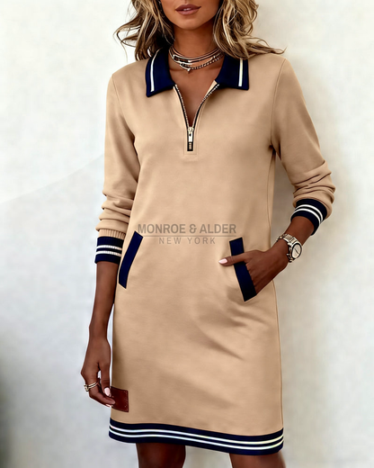 Marietta zip dress in tan with navy polo collar