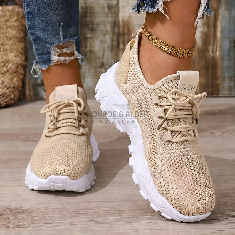 Molly supportive comfort sneaker in beige, worn with cropped jeans
