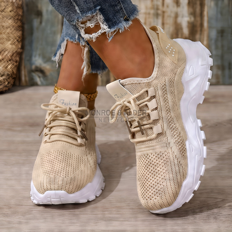 Molly sneaker in beige, side view of the knit upper and platform sole
