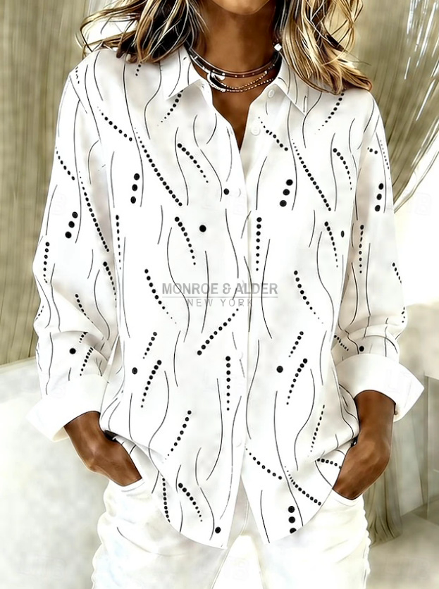 Nanette white blouse with a black dotted line print, front view