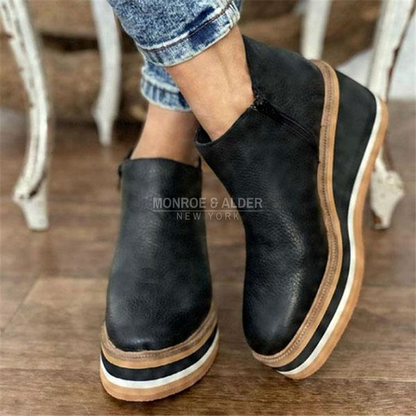 Nina ankle boots in black with side zipper and stacked wedge sole
