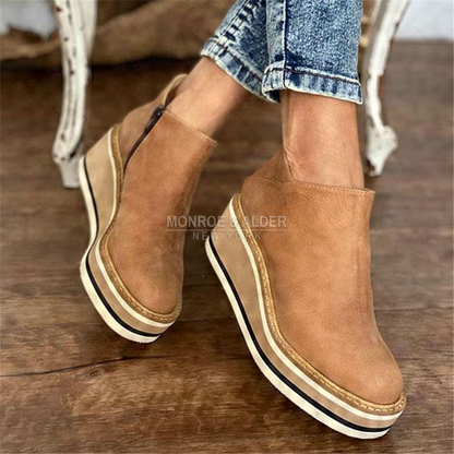 Nina ankle boots in tan, worn with jeans