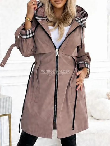 Odessa hooded zip jacket in taupe with plaid-lined hood, front view