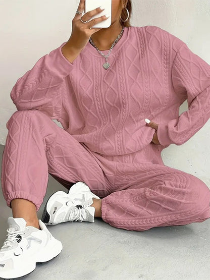 Paulette cable-knit lounge set in dusty pink, full look