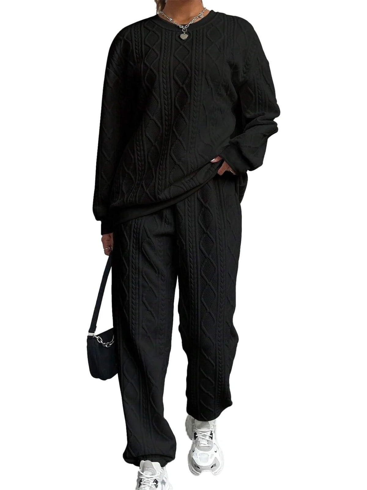 Paulette cable-knit lounge set in black, full look