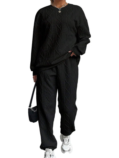 Paulette cable-knit lounge set in black, full look