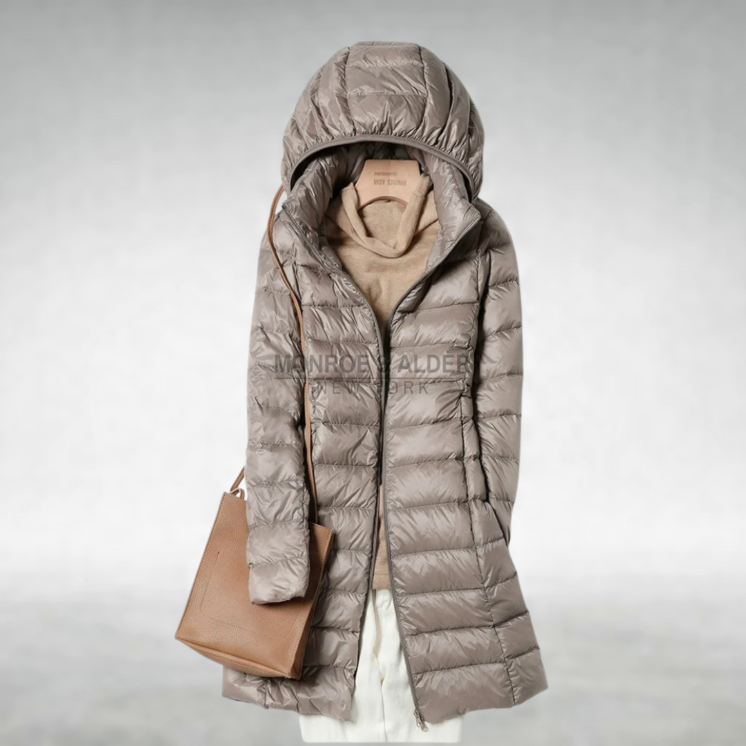 Pauline hooded puffer coat in taupe, front view