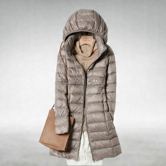 Pauline hooded puffer coat in taupe, front view