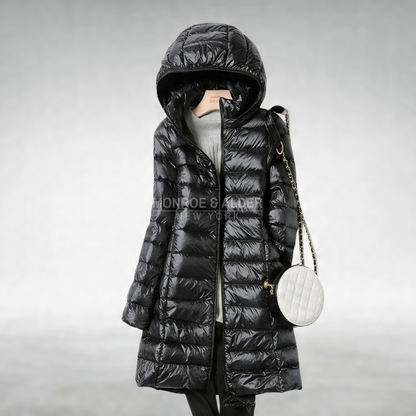 Pauline hooded puffer coat in black, front view