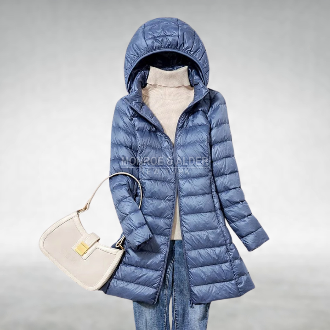 Pauline hooded puffer coat in blue, front view