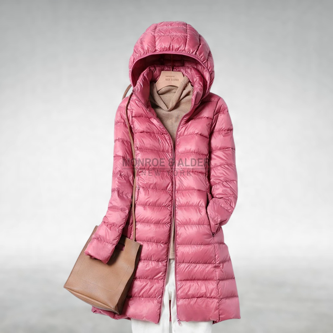 Pauline hooded puffer coat in pink, front view
