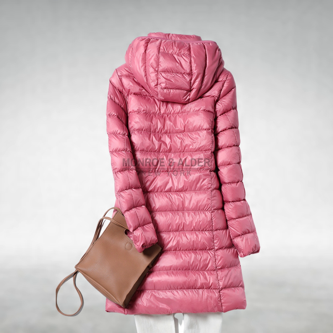 Pauline hooded puffer coat in pink, back view with hood