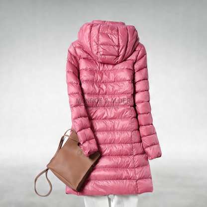 Pauline hooded puffer coat in pink, back view with hood