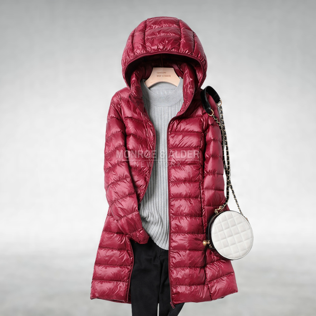 Pauline hooded puffer coat in dark red, front view