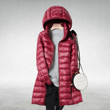 Pauline hooded puffer coat in dark red, front view