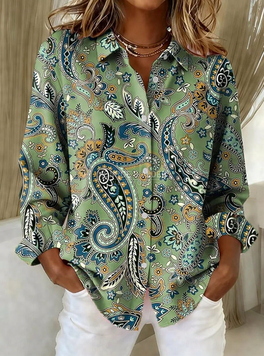 Philippa sage green paisley print blouse, front view