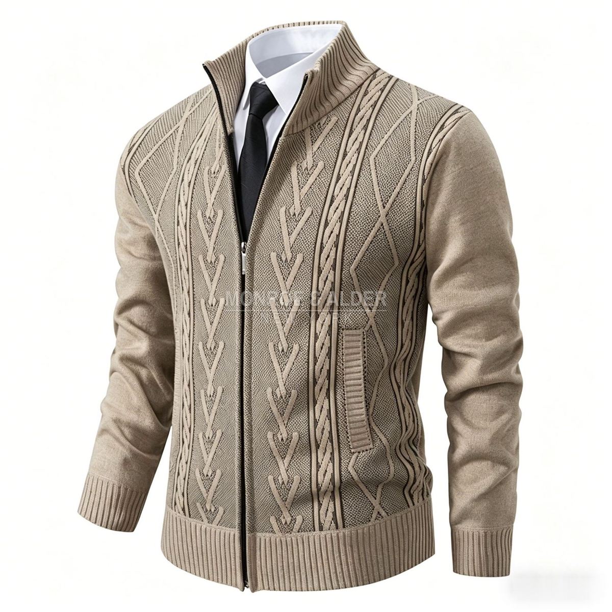Porter cable knit zip cardigan in Beige, front view with stand collar