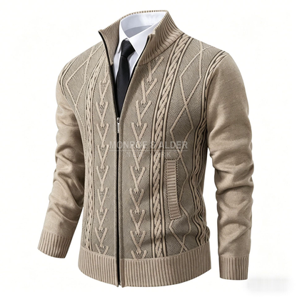 Porter cable knit zip cardigan in Beige, front view with stand collar