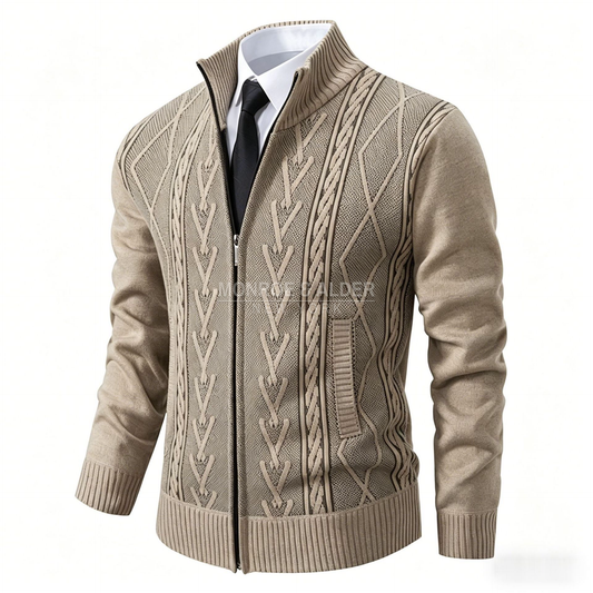 Porter cable knit zip cardigan in Beige, front view with stand collar