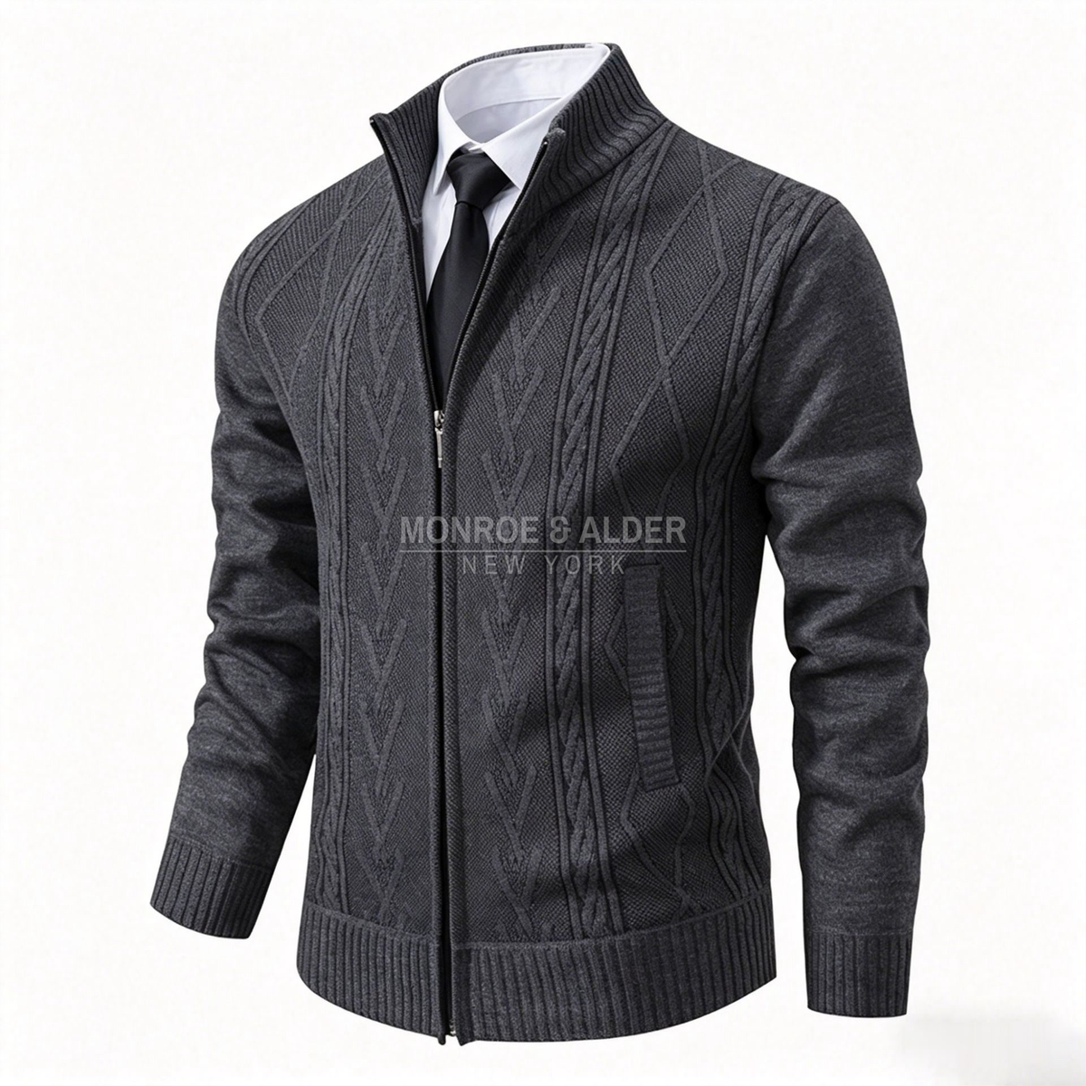 Porter cable knit zip cardigan in Dark Gray, front view