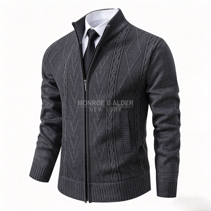 Porter cable knit zip cardigan in Dark Gray, front view