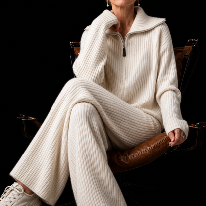 Rita ribbed knit lounge set in cream, full look with the quarter zip pullover and wide-leg pants