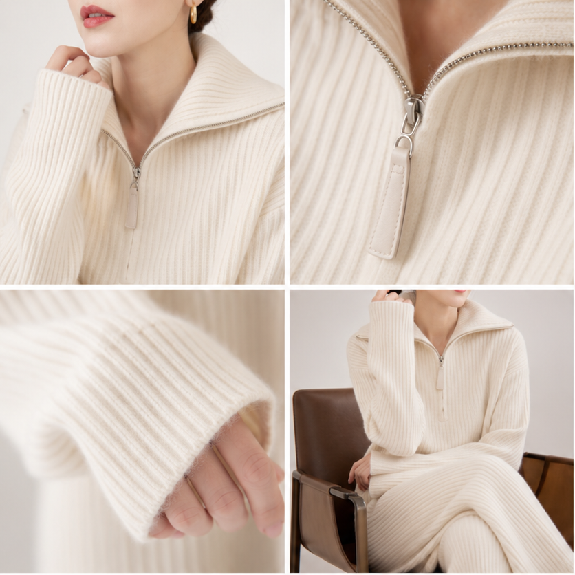 Close views of the cream set: the stand collar, the quarter zip pull, the ribbed cuff and the full look