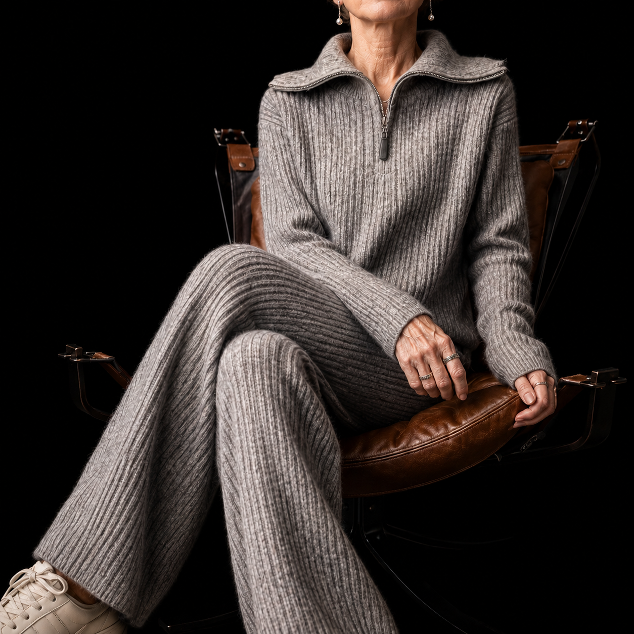 Rita ribbed knit lounge set in gray, full look with the quarter zip pullover and wide-leg pants