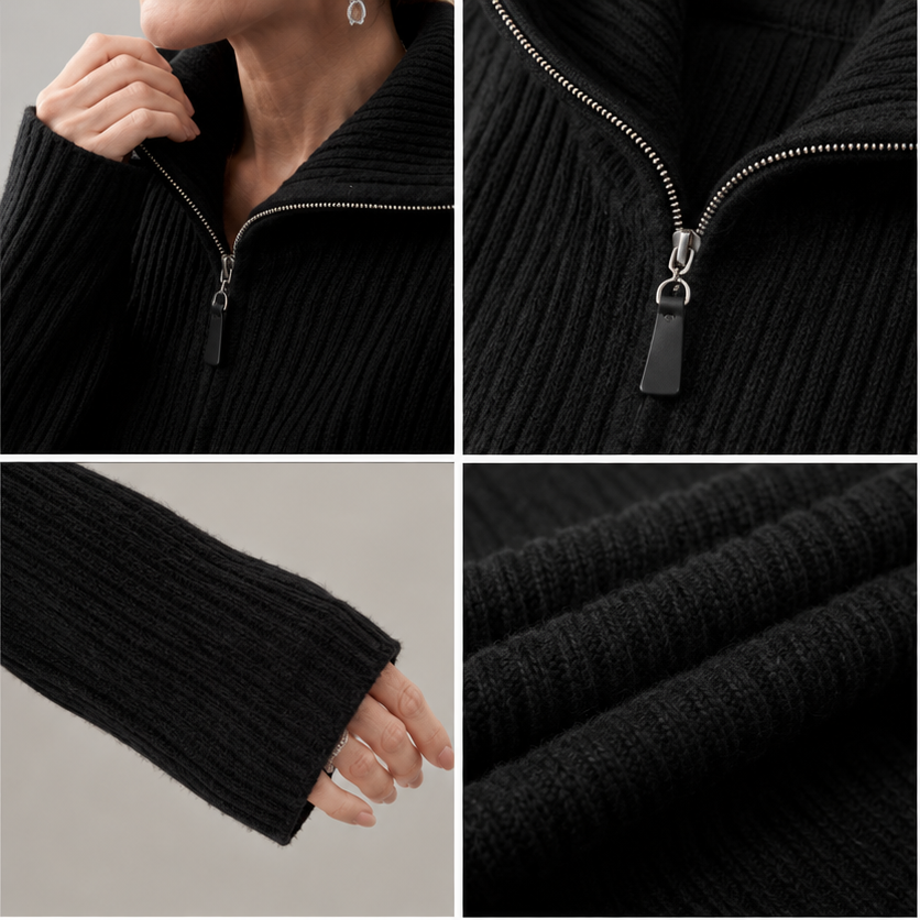 Close views of the black set: the stand collar, the quarter zip pull, the ribbed cuff and the knit texture